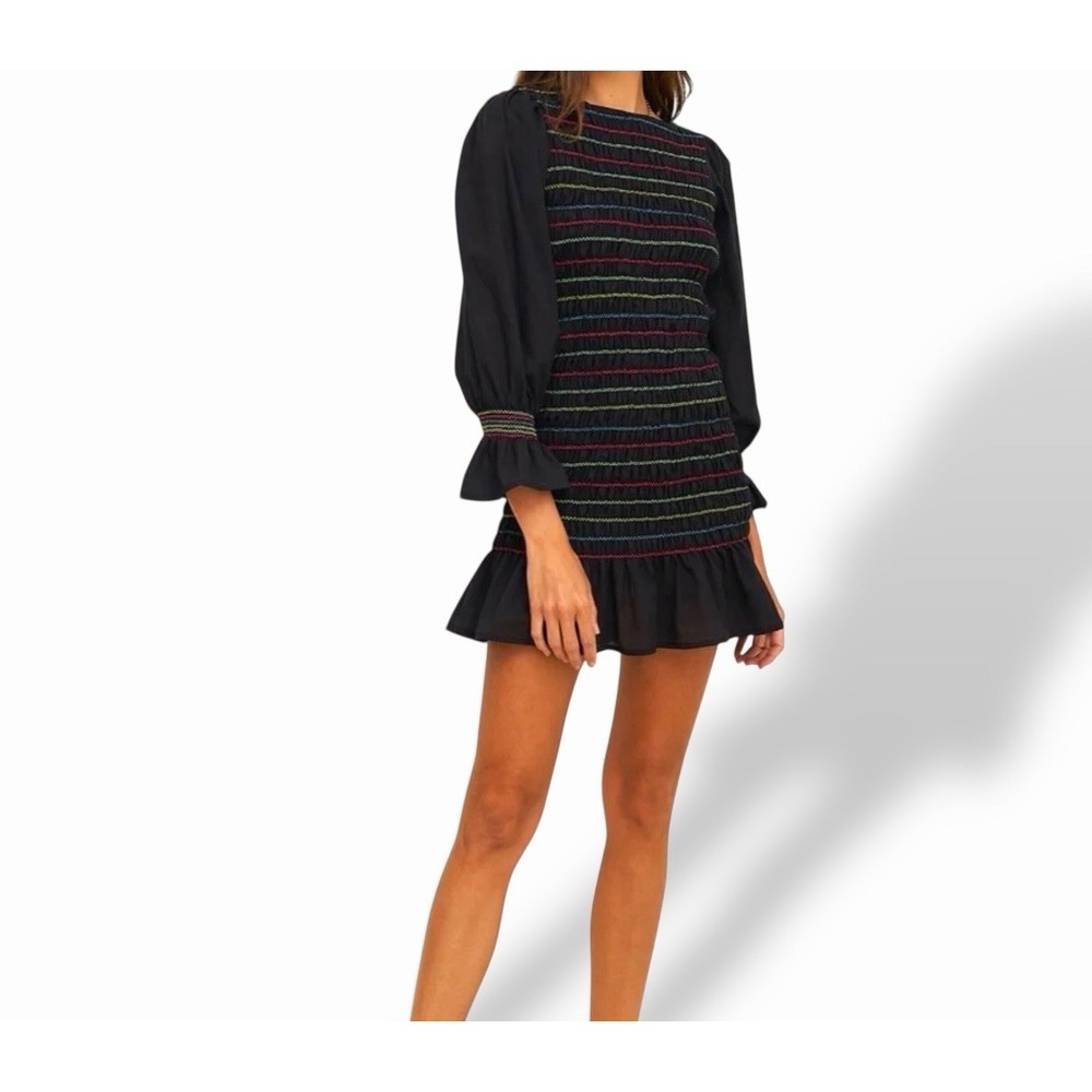 Pitusa Black Smocked Mini Dress Petite Rainbow Stitch Ruffle Sleeve Made in Peru